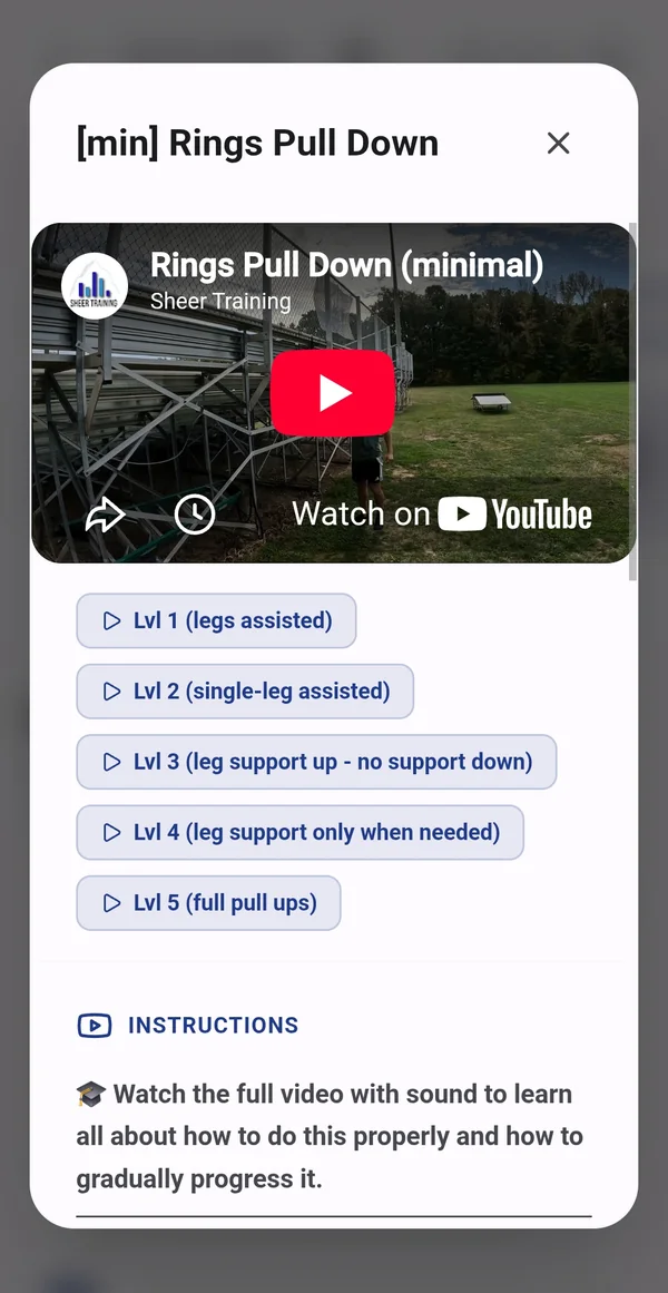 PitchReady exercise info for Rings Pull Down (minimal): a video walkthrough and five progression levels, from legs assisted to full pull-ups